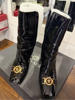 Versace Black Patent Leather Knee Boots with Gold Medusa Buckle